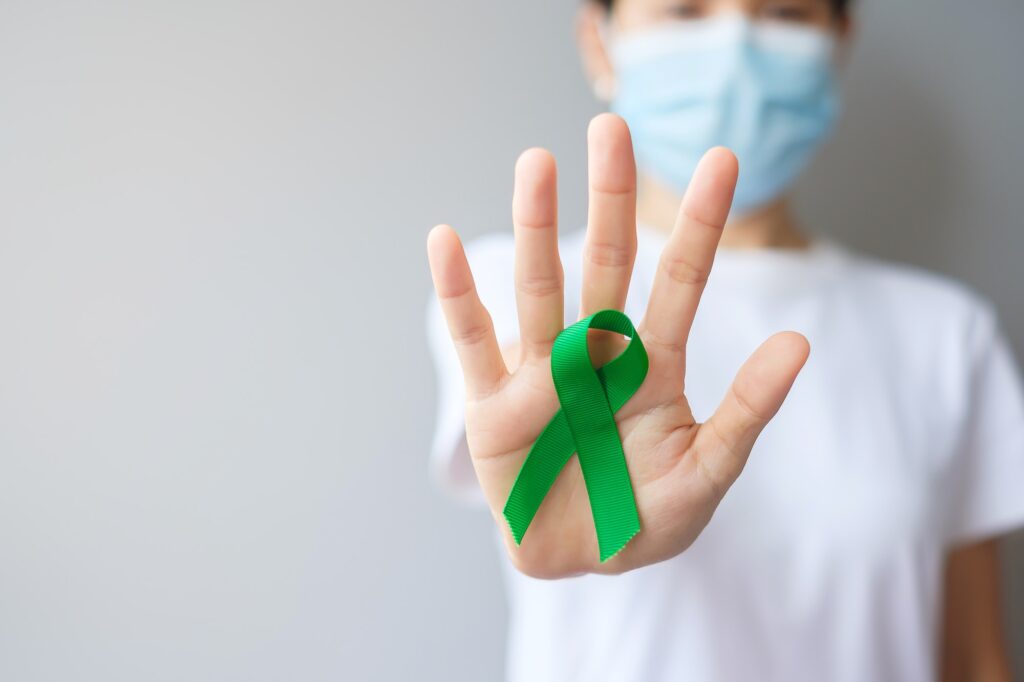 green Ribbon for Liver, Gallbladders, bile duct, cervical, kidney Cancer and Lymphoma Awareness